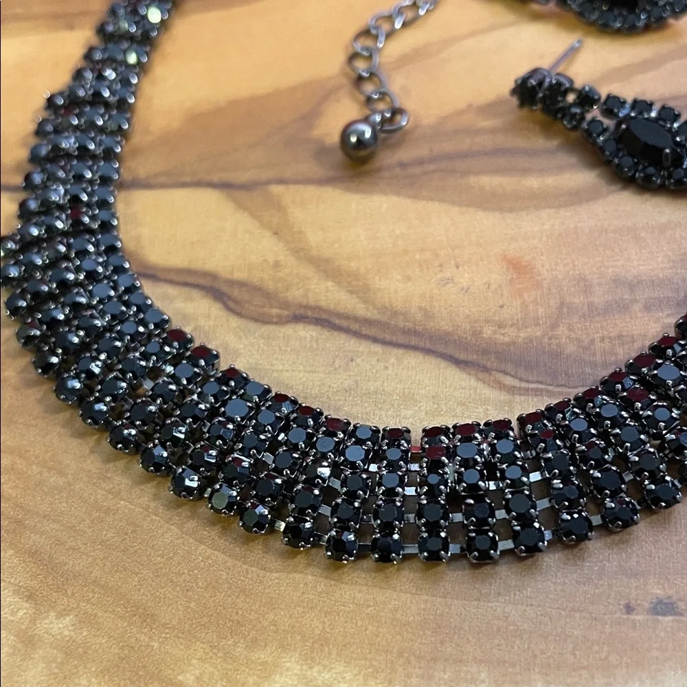 Vintage Black Crystal Necklace and Earring Set